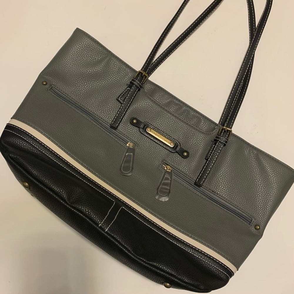 STONE MOUNTAIN Talia tote purse pebble grain leather gray ivory black zip top